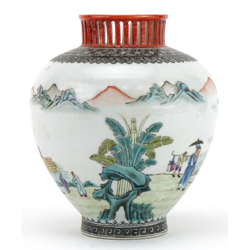 453 - Chinese porcelain vase with pierced iron rim hand painted in the famille rose palette with figures i... 