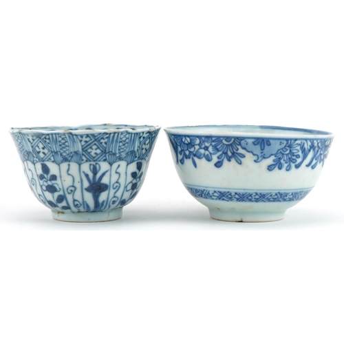 39 - Two Chinese blue and white porcelain tea bowls including one hand painted with panels of flowers and... 