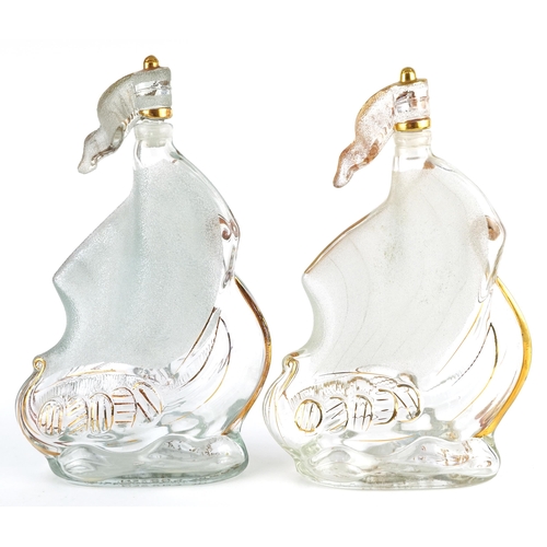 267 - Pair of French cognac Larsen Invincible glass decanters in the form of ships, each 31cm high