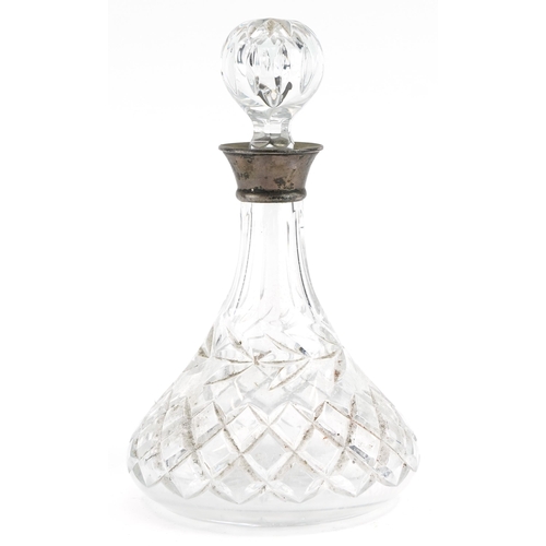 579 - Cut crystal decanter with silver collar by Roberts & Dore Ltd, Birmingham 1980, 27cm high