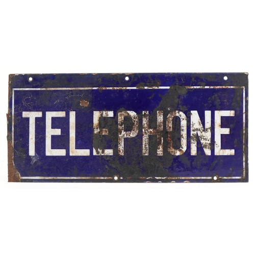 549 - Telephone blue and white enamel double sided advertising sign, 56cm x 25cm