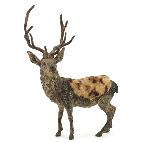 175 - 19th century Austrian cold painted bronze stag design pincushion, impressed mark to the underside, 1... 