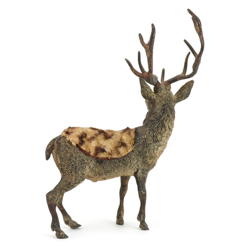 175 - 19th century Austrian cold painted bronze stag design pincushion, impressed mark to the underside, 1... 