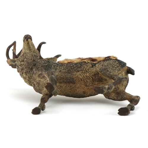 175 - 19th century Austrian cold painted bronze stag design pincushion, impressed mark to the underside, 1... 