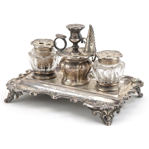 109 - Edward, John & William Barnard, Victorian silver desk stand with a pair of cut glass inkwells with s... 