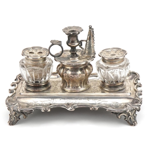 109 - Edward, John & William Barnard, Victorian silver desk stand with a pair of cut glass inkwells with s... 