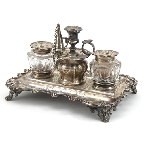 109 - Edward, John & William Barnard, Victorian silver desk stand with a pair of cut glass inkwells with s... 