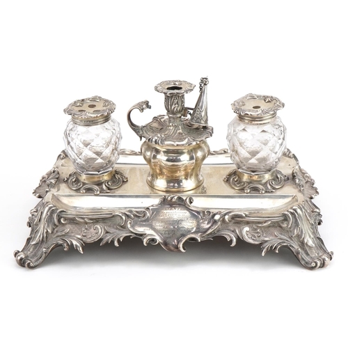 18 - Edward, John & William Barnard, Victorian silver desk stand with a pair of cut glass inkwells with s... 