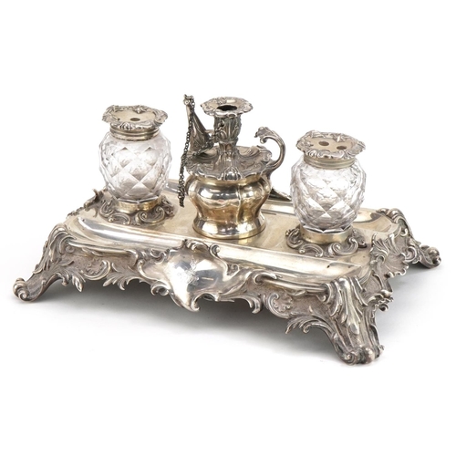 18 - Edward, John & William Barnard, Victorian silver desk stand with a pair of cut glass inkwells with s... 