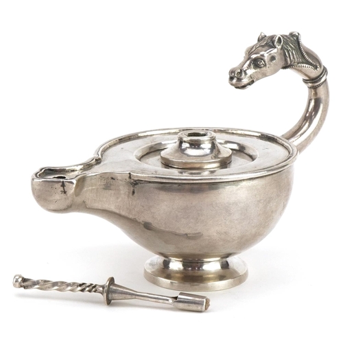 112 - Good Continental unmarked silver oil lamp with cast horse head handle, 13cm wide, 210.0g