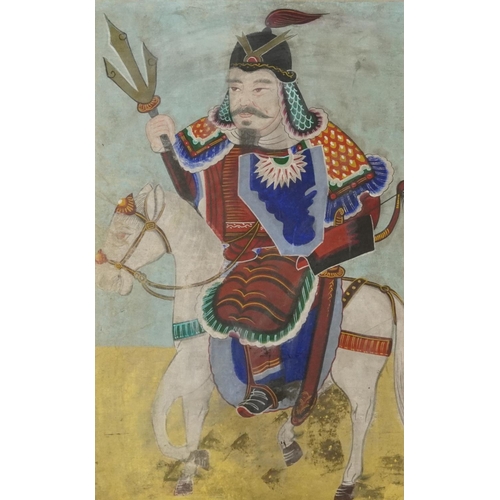 106 - Warrior on horseback, Chinese mixed media on canvas, unframed, 82cm x 55cm