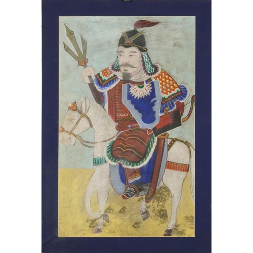 106 - Warrior on horseback, Chinese mixed media on canvas, unframed, 82cm x 55cm