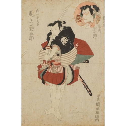 108 - Study of a warrior, Japanese woodblock print with character marks, mounted, framed and glazed, 36cm ... 