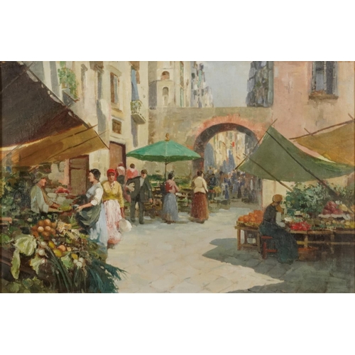 332 - Continental market scenes before buildings, pair of oil on canvasses, one indistinctly signed, possi... 