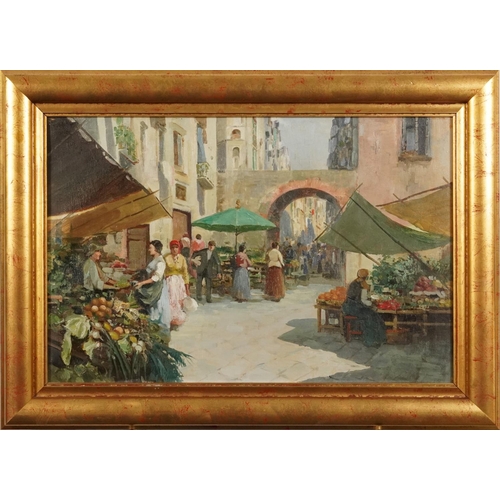 332 - Continental market scenes before buildings, pair of oil on canvasses, one indistinctly signed, possi... 