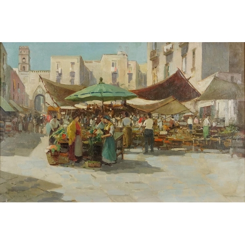 332 - Continental market scenes before buildings, pair of oil on canvasses, one indistinctly signed, possi... 