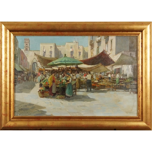 332 - Continental market scenes before buildings, pair of oil on canvasses, one indistinctly signed, possi... 