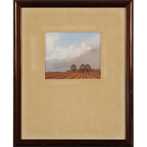 758 - Clive Rushworth - Rural landscape with ploughed fields and trees, watercolour, possibly by an illust... 