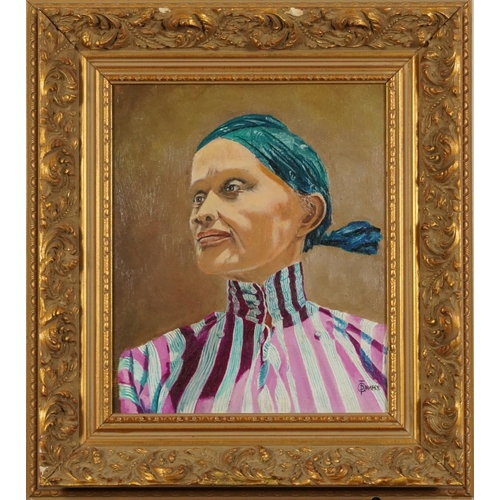 96 - Head and shoulders portrait of a female wearing a headscarf and blouse, oil on canvas, indistinctly ... 