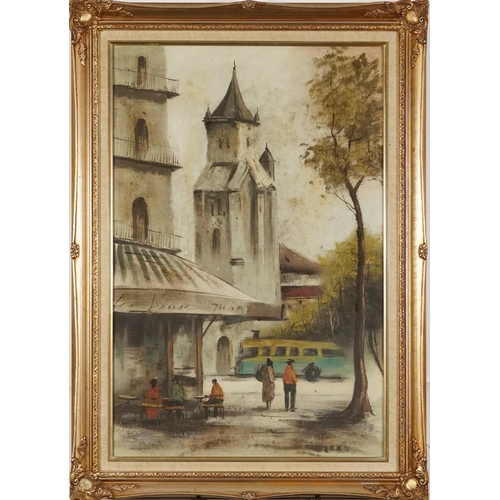 524 - Street scene with figures before a church, oil on canvas, mounted and framed, 75cm x 49cm excluding ... 