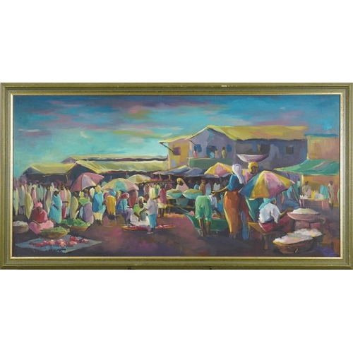 522 - Market scene with figures before huts, African oil on canvas, indistinctly signed, possibly Ojo Kayo... 