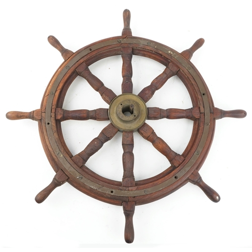 222 - Shipping interest stained pine and brass eight spoke ship's wheel impressed 3789 to the reverse, ins... 