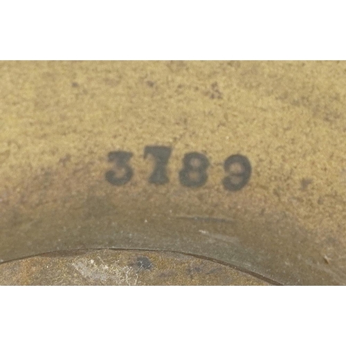 222 - Shipping interest stained pine and brass eight spoke ship's wheel impressed 3789 to the reverse, ins... 