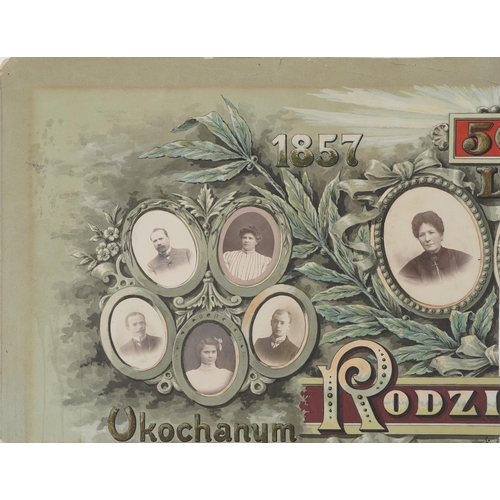 330 - Early 19th century Polish family tree with photographs and inscriptions, unframed, overall 95cm x 72... 