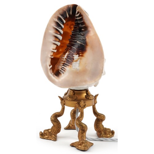 327 - Very fine 19th century conch shell table lamp raised on an ormolu base with dolphin feet, the shell ... 