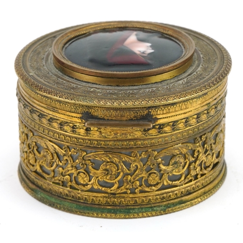 13 - 19th century French ornate brass box with hinged lid having Limoges enamelled panel hand painted wit... 