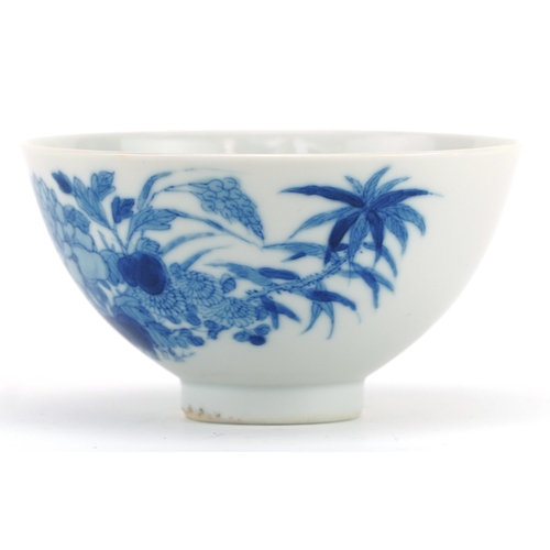 451 - Chinese or Japanese blue and white porcelain bowl hand painted with fruit and flowers, six figure ch... 