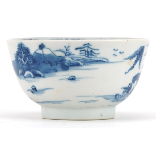 535 - Chinese blue and white porcelain plate and tea bowl hand painted with a river landscape, the largest... 