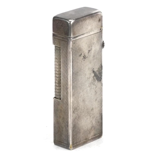 343 - Dunhill, silver plated pocket lighter with engine turned case and box, 6.5cm high