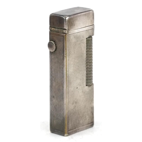 343 - Dunhill, silver plated pocket lighter with engine turned case and box, 6.5cm high