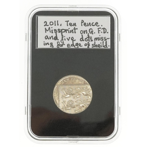 1741 - Elizabeth II 2011 ten pence with misprint on G F D and five dots missing from edge of shield error