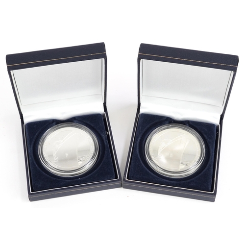 1749 - Two shipping interest Cunard Queen Elizabeth's Maiden Voyage white metal medallions with cases