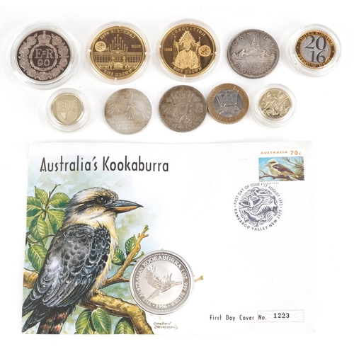 1751 - British and world coinage, some silver, including Kookaburra one ounce silver cover, 1965 Canadian d... 