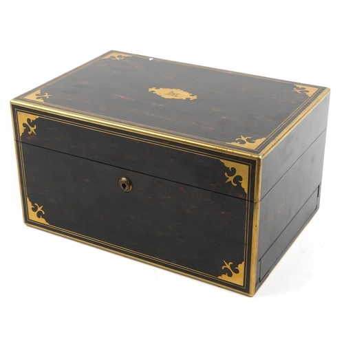 381 - Victorian coromandel travelling toilet box with brass inlay and fitted lift out interior housing ele... 