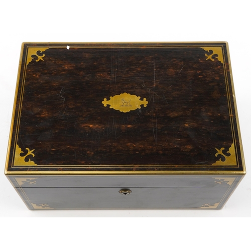 381 - Victorian coromandel travelling toilet box with brass inlay and fitted lift out interior housing ele... 