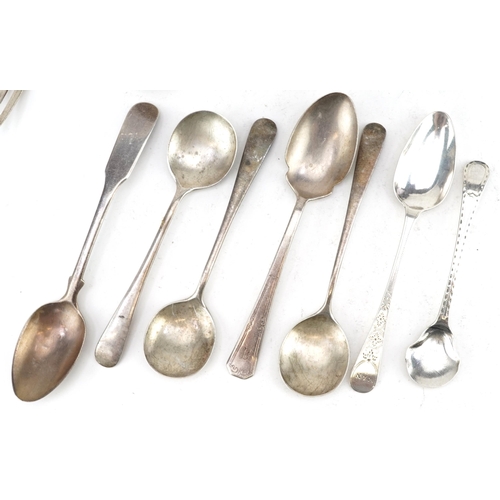 644 - Collection Georgian and later silver spoons and a silver fork including some Scottish, the largest 1... 