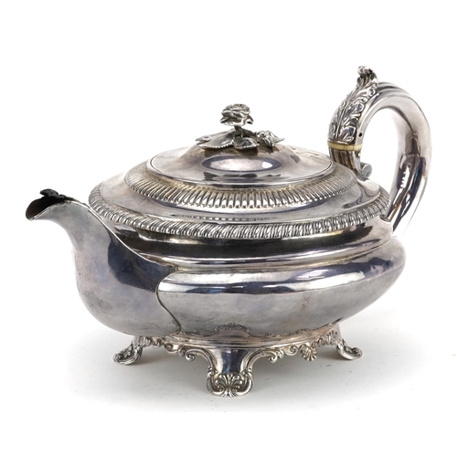 144 - Rebecca Emes & Edward Barnard I, George IV silver teapot with rose design knop, London 1827, 27cm wi... 