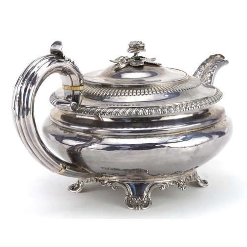 144 - Rebecca Emes & Edward Barnard I, George IV silver teapot with rose design knop, London 1827, 27cm wi... 