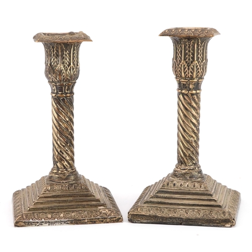 258 - Pair of Victorian silver acanthus column candlesticks with square stepped bases, indistinct maker's ... 