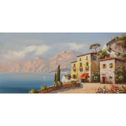 211 - Mountainous landscape with villas, continental oil on canvas, indistinctly signed, mounted and frame... 