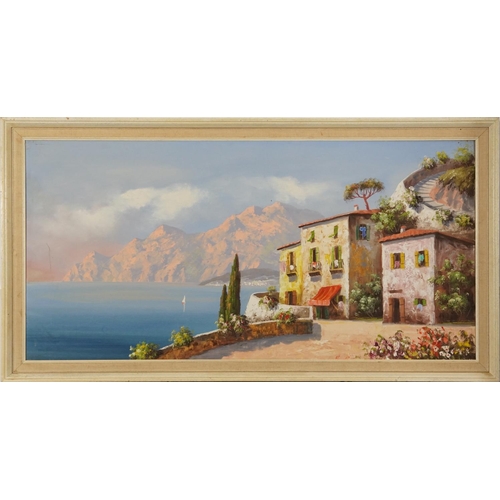 211 - Mountainous landscape with villas, continental oil on canvas, indistinctly signed, mounted and frame... 