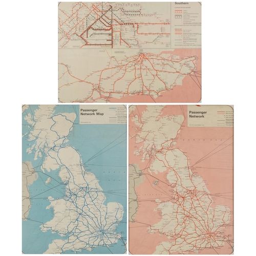 1868 - Two Passenger Network railway maps and a Southern Railway example, unframed, each 61cm x 46cm