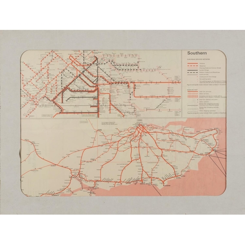 1868 - Two Passenger Network railway maps and a Southern Railway example, unframed, each 61cm x 46cm