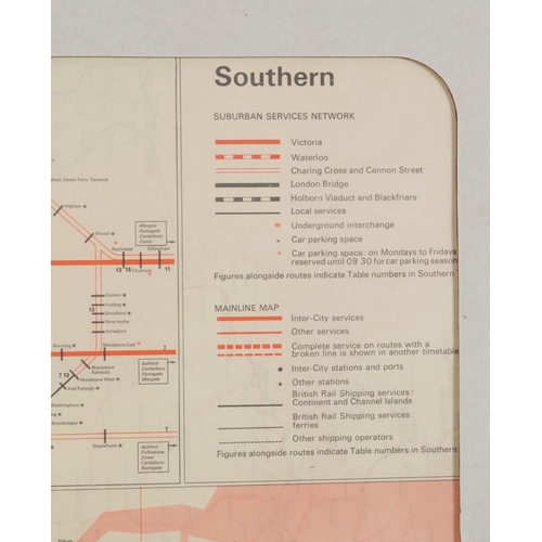 1868 - Two Passenger Network railway maps and a Southern Railway example, unframed, each 61cm x 46cm