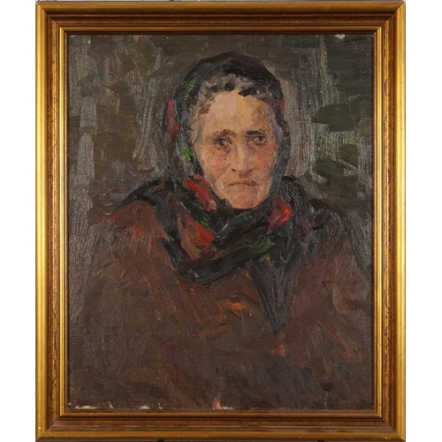 311 - Edvard Sasun - Portrait of a female wearing a headscarf, Armenian oil on canvas, partial label and i... 