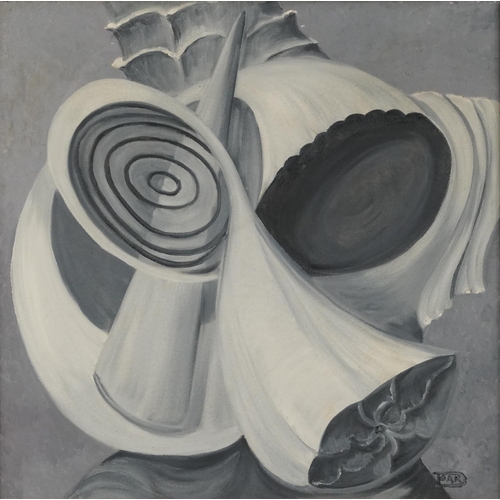 395 - Abstract compositions, shells, pair of monochrome oil on canvasses, framed, each 49cm x 49cm excludi... 